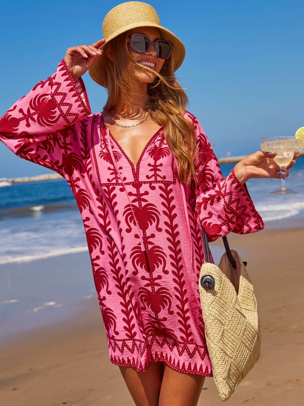 NWOT- Vici Pink Printed V-Neck Tunic Mini Dress